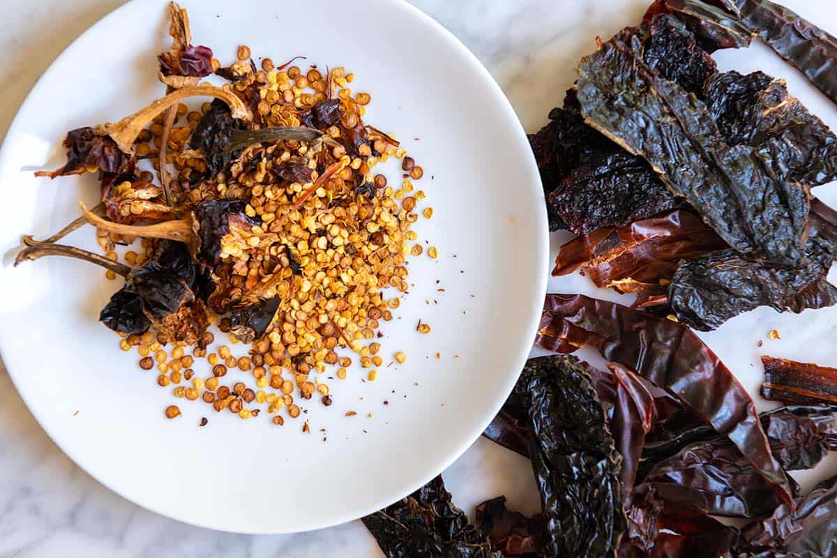 preparing dried chiles for Texas chili