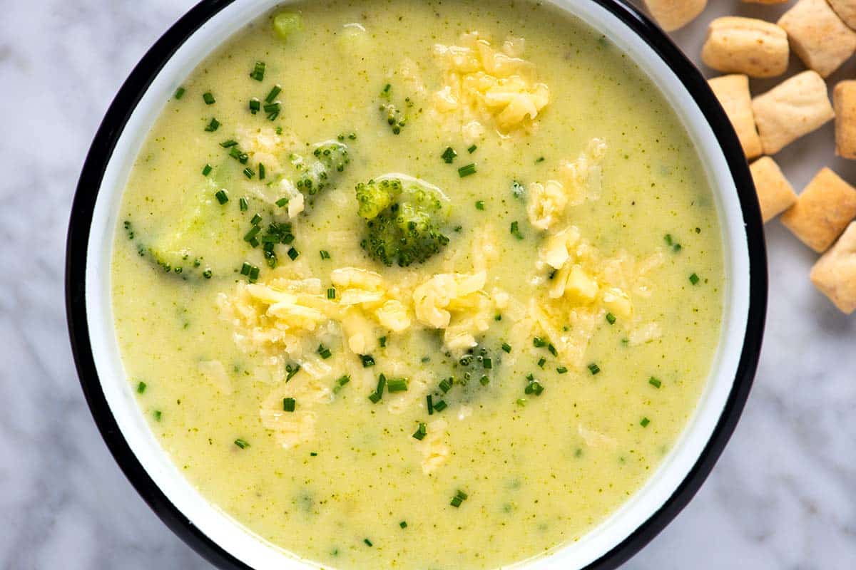 A bowl of broccoli cheddar soup