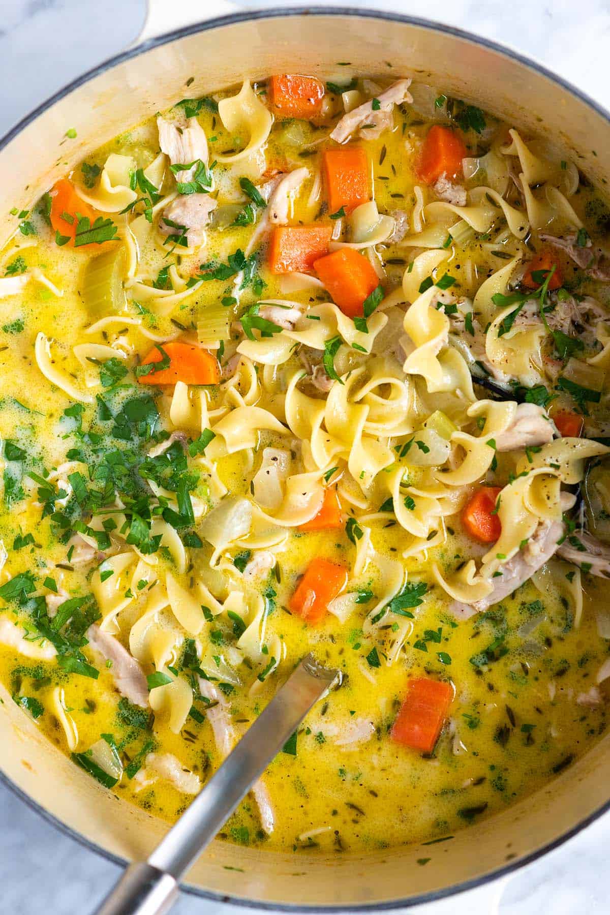 A pot of creamy chicken noodle soup