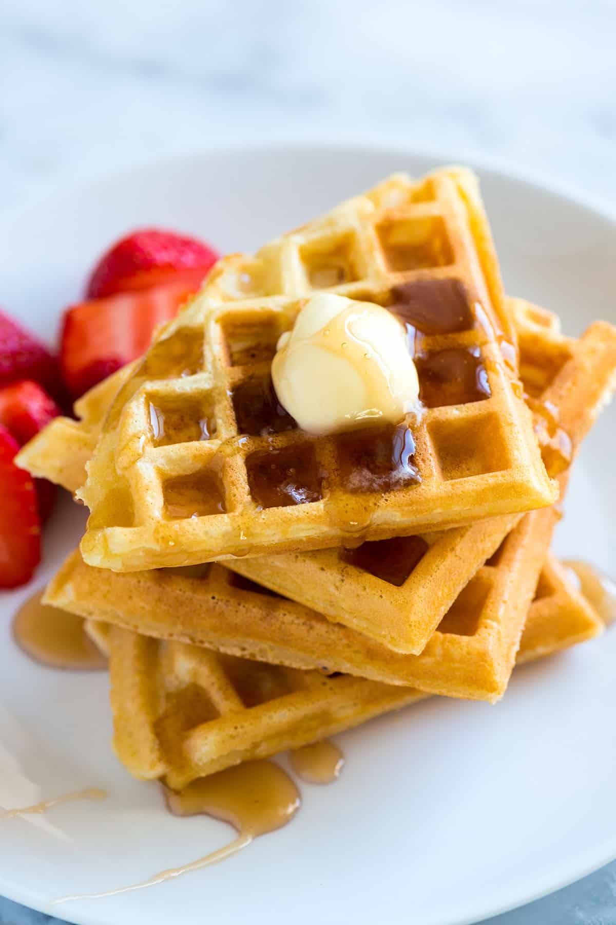 A stack of homemade crispy waffles