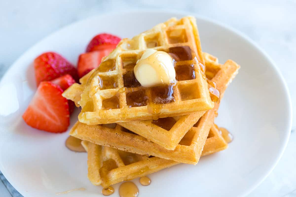 A stack of crispy waffles made from scratch