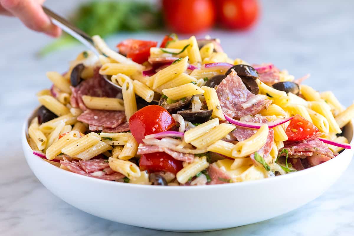 Italian Pasta Salad with salami, tomatoes, and cheese