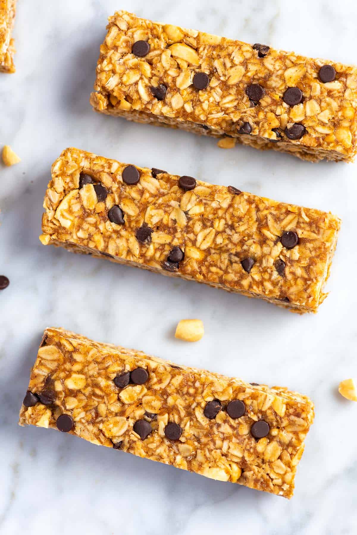 3 homemade granola bars made with peanut butter and chocolate chips