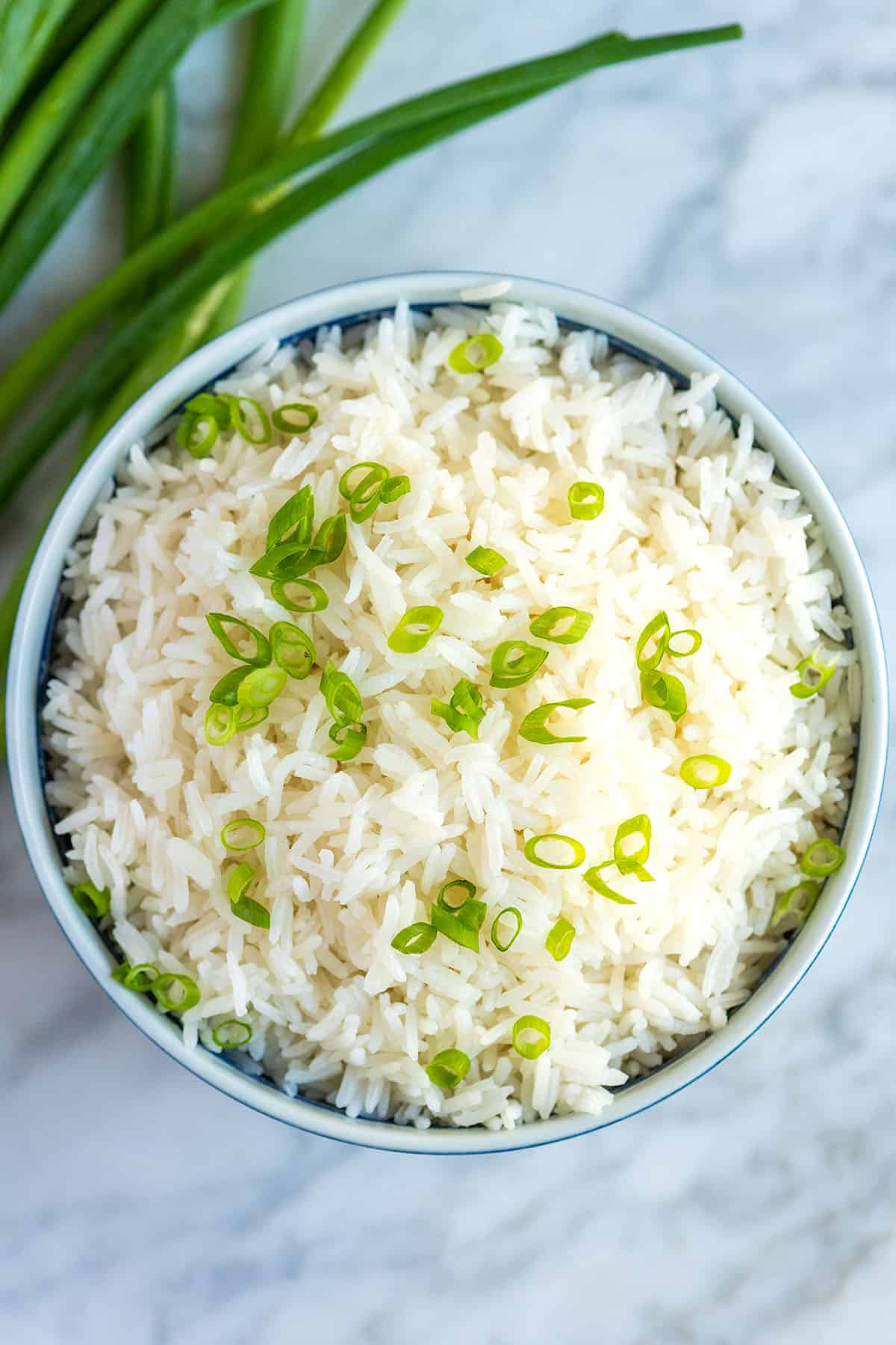 A bowl of coconut rice with scallions on top