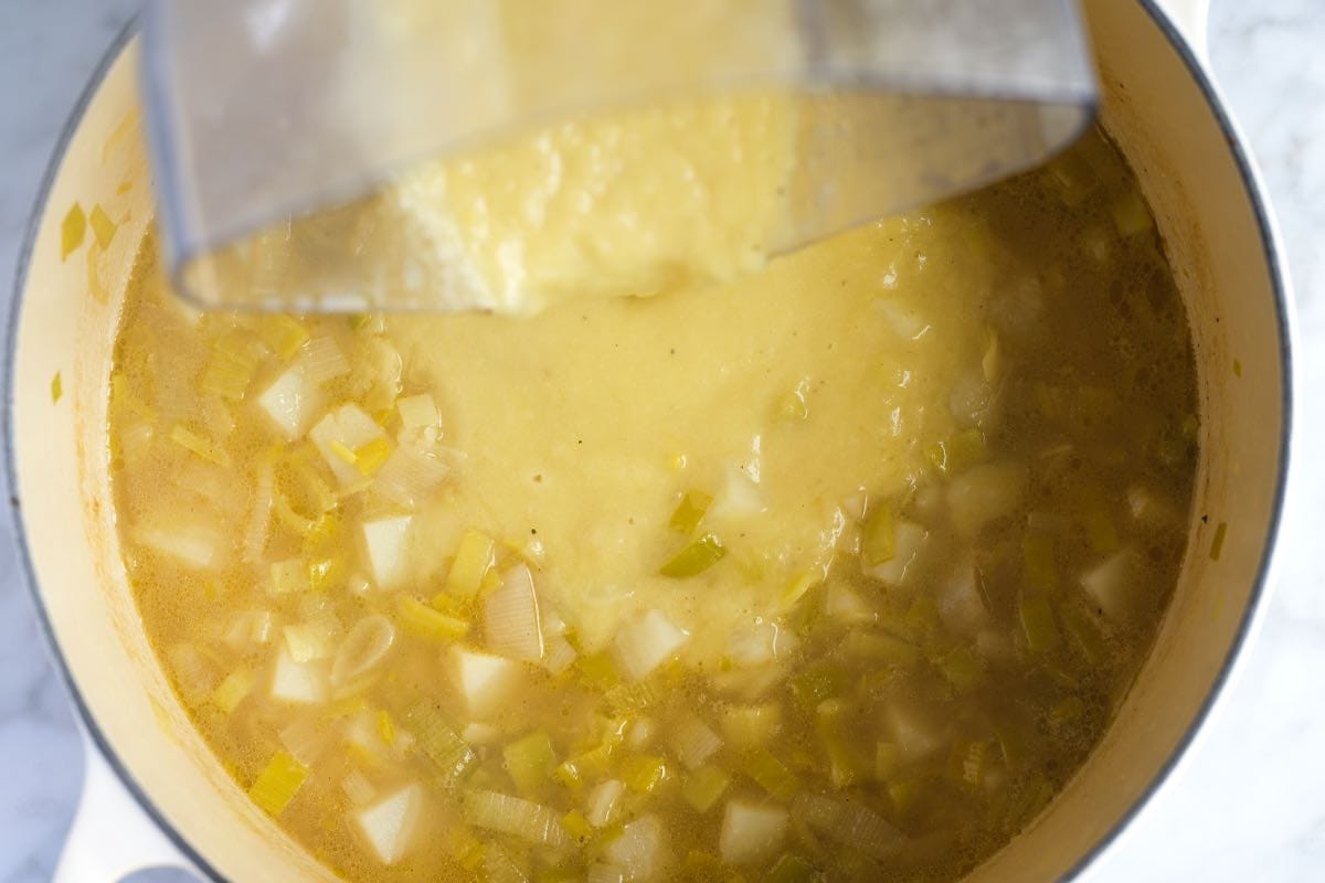 How to Make Potato Leek Soup: Blending half of the soup