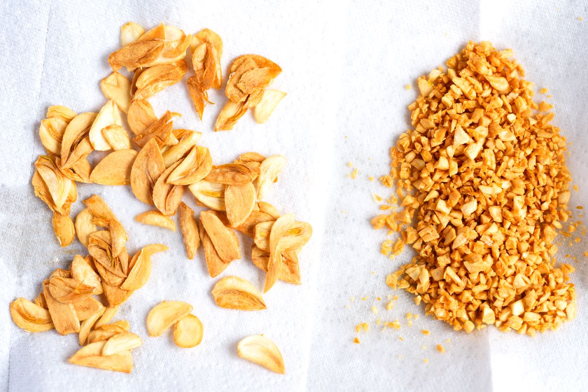 Fried garlic chips next to fried minced garlic