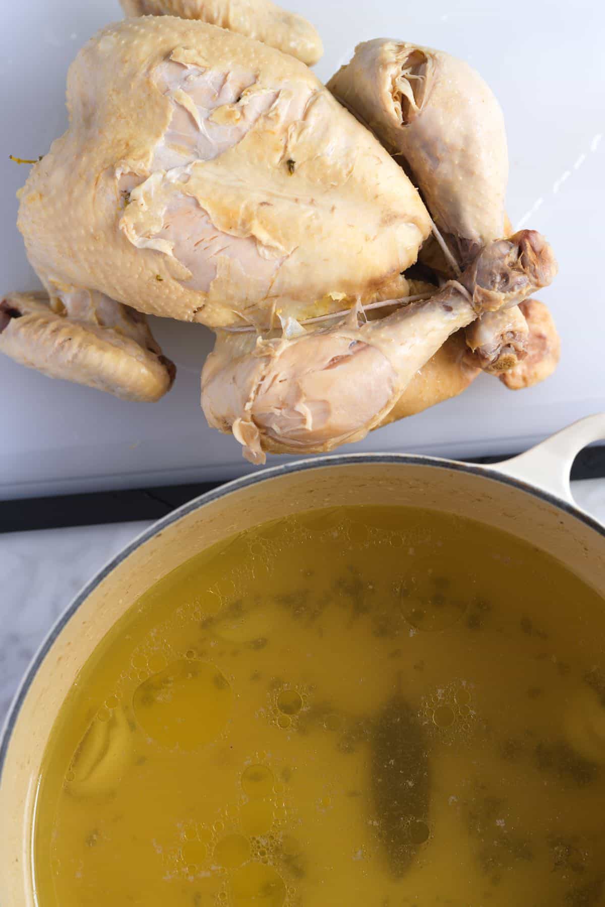 Poached chicken and broth.