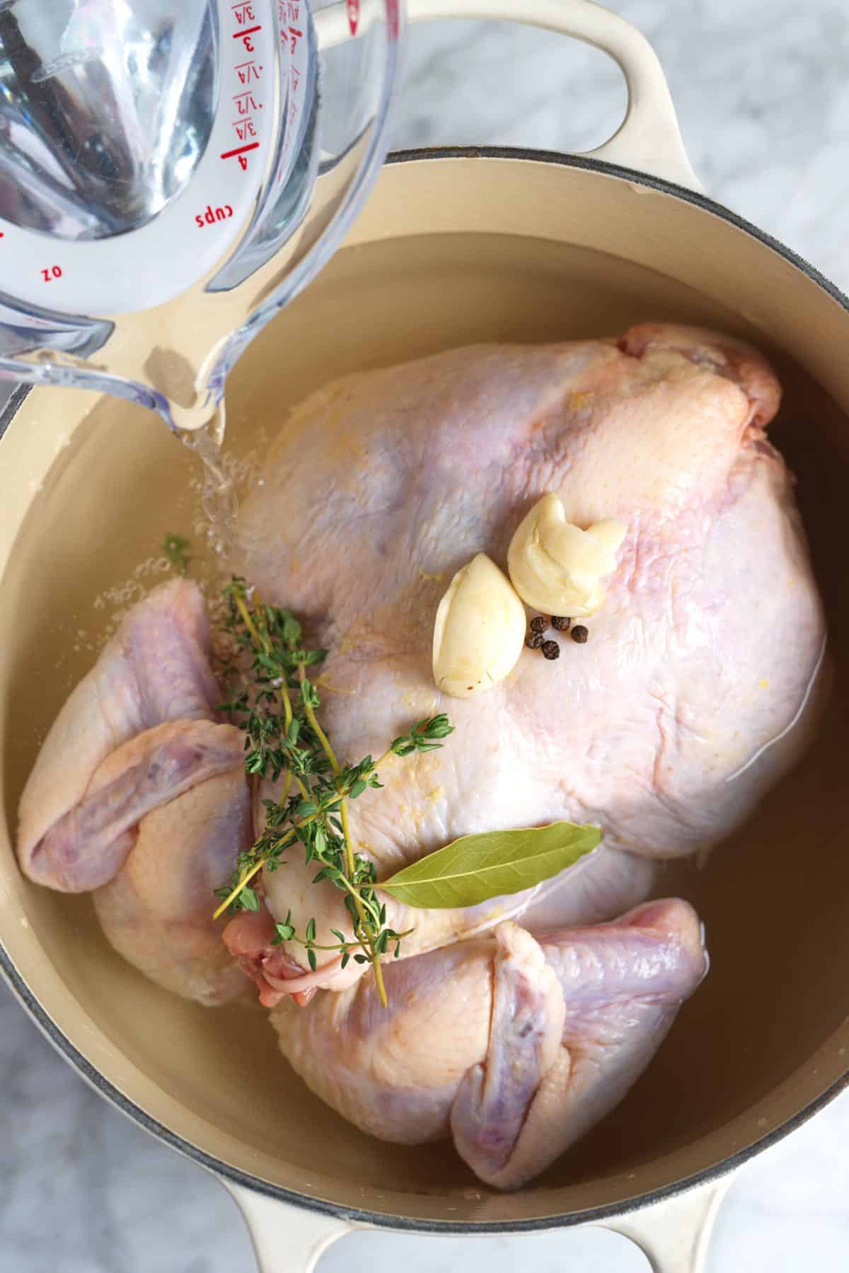 A whole chicken in a pot with garlic, herbs, and water.
