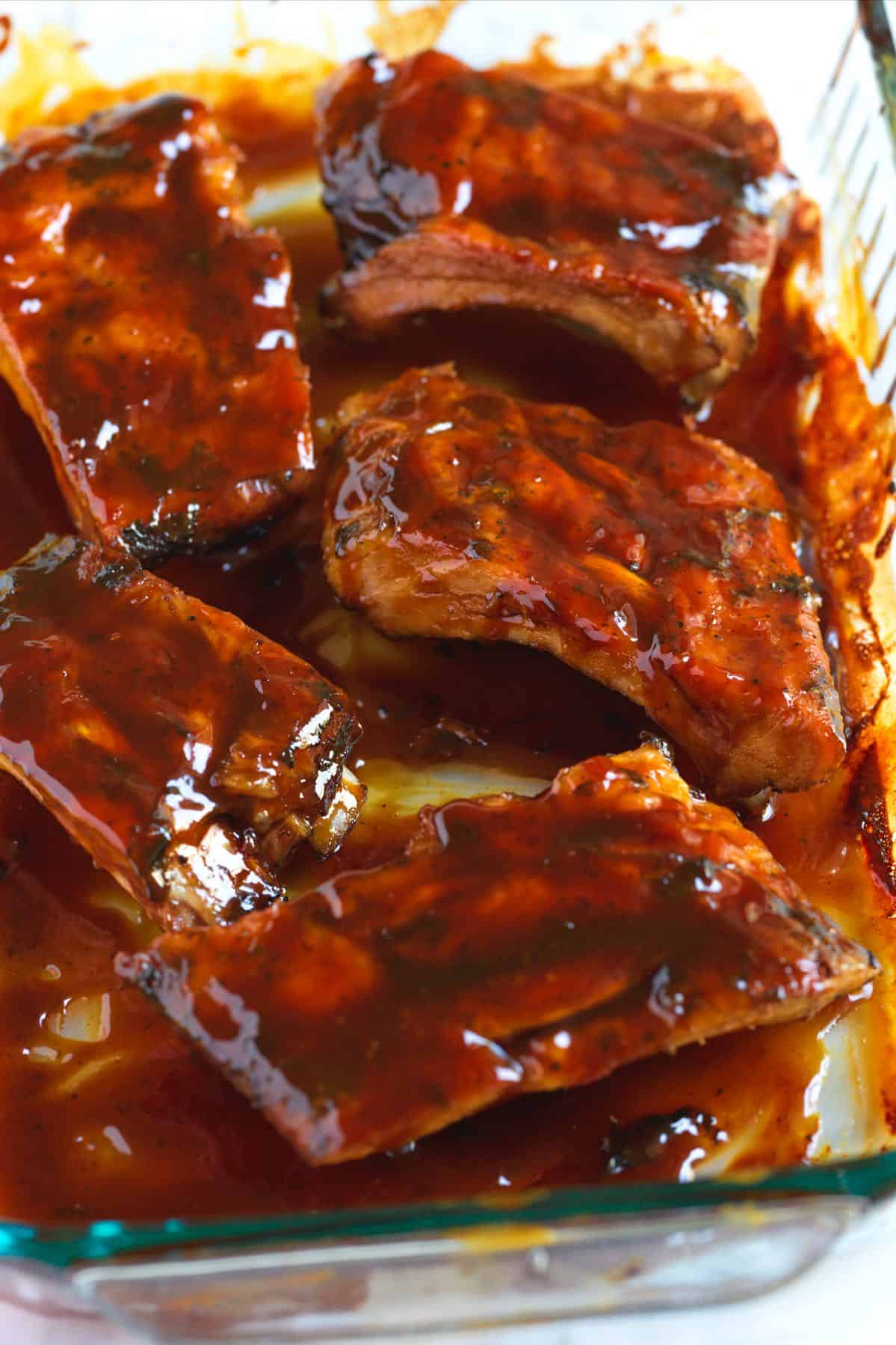 Baking the ribs with the hoisin sticky glaze