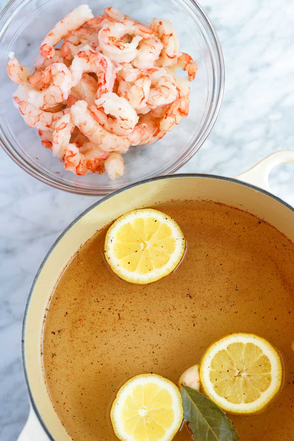 raw shrimp with a simple poaching liquid