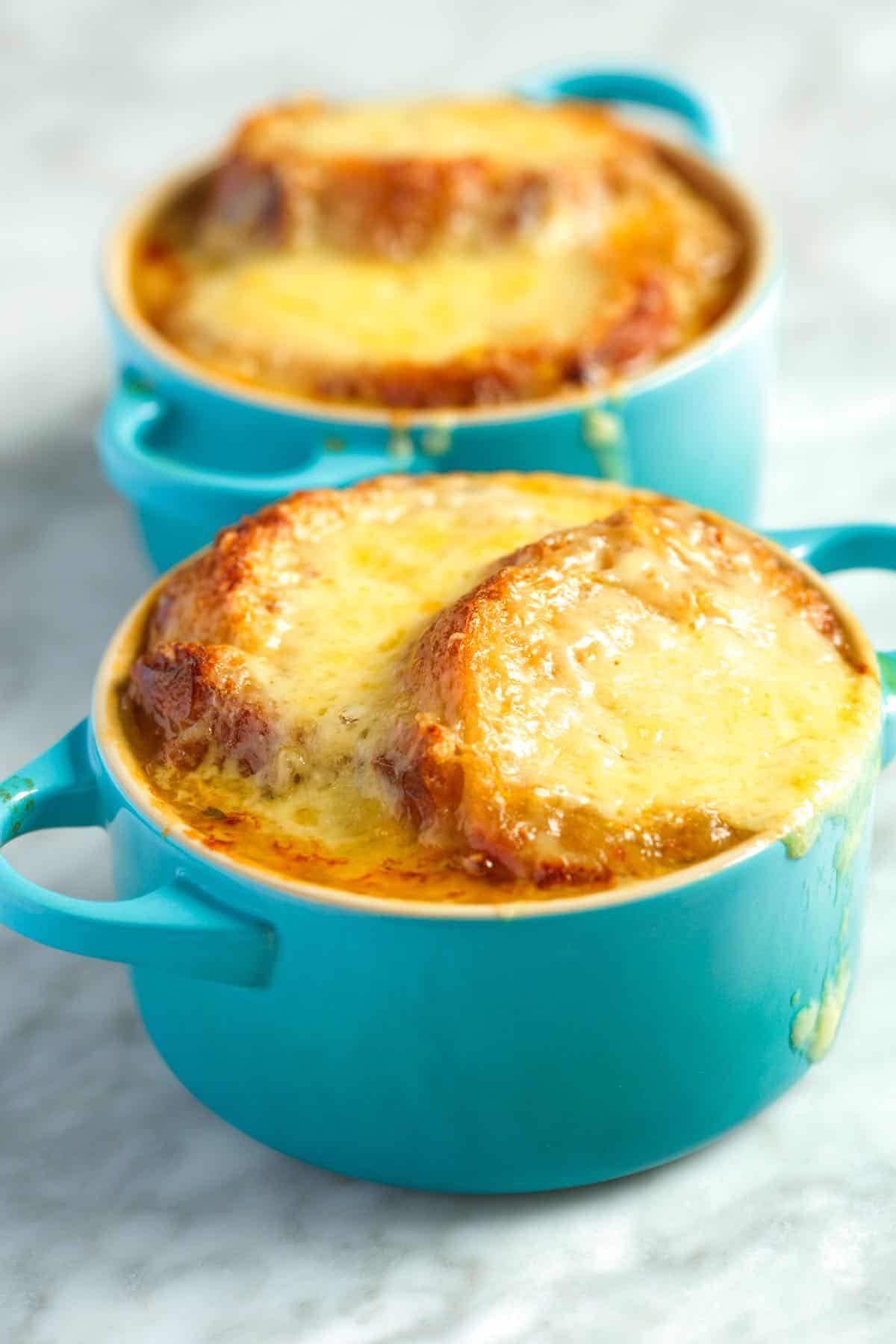 Homemade Classic French onion soup with cheese melted on top