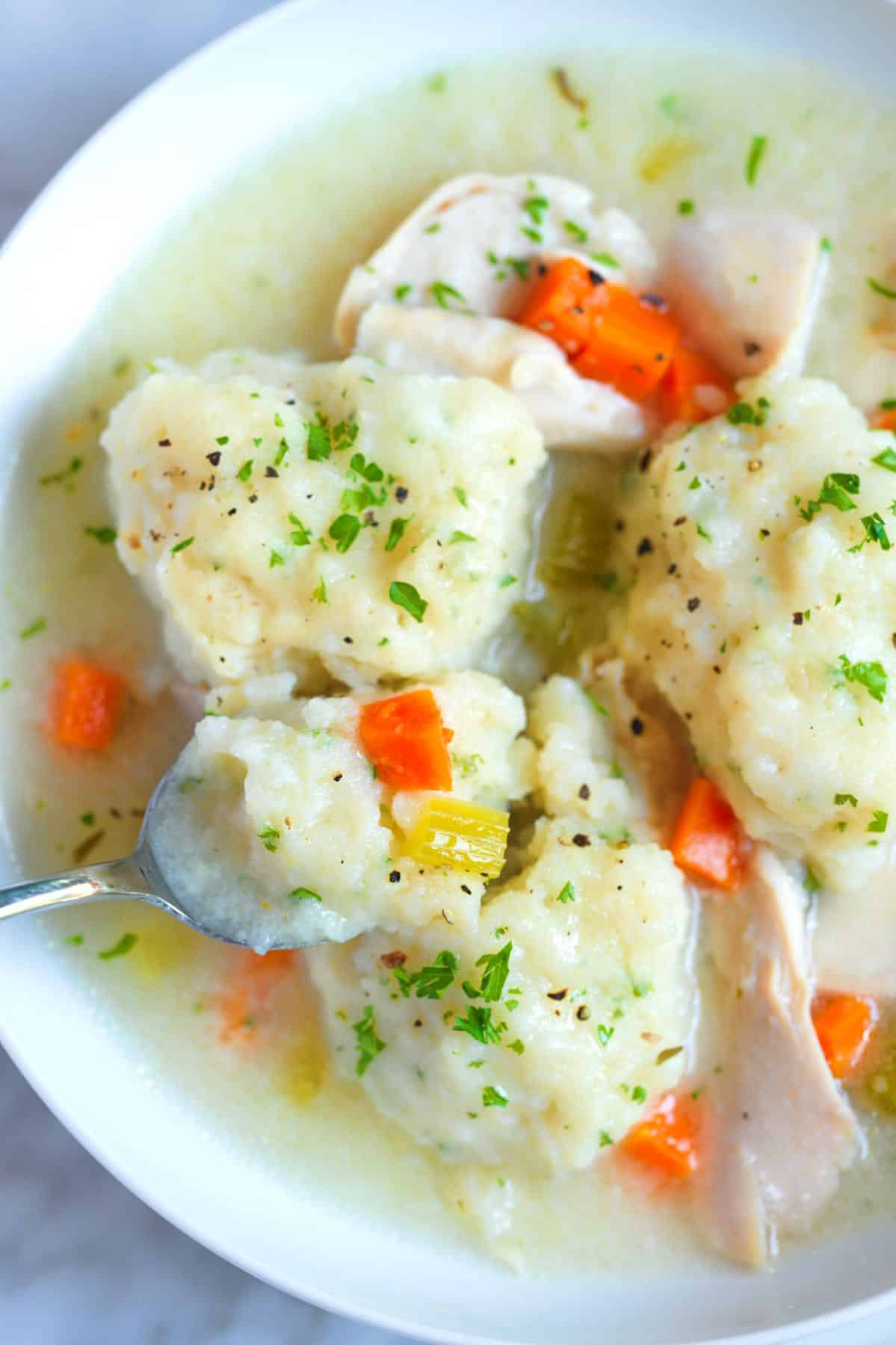 A bowl of homemade chicken and dumplings