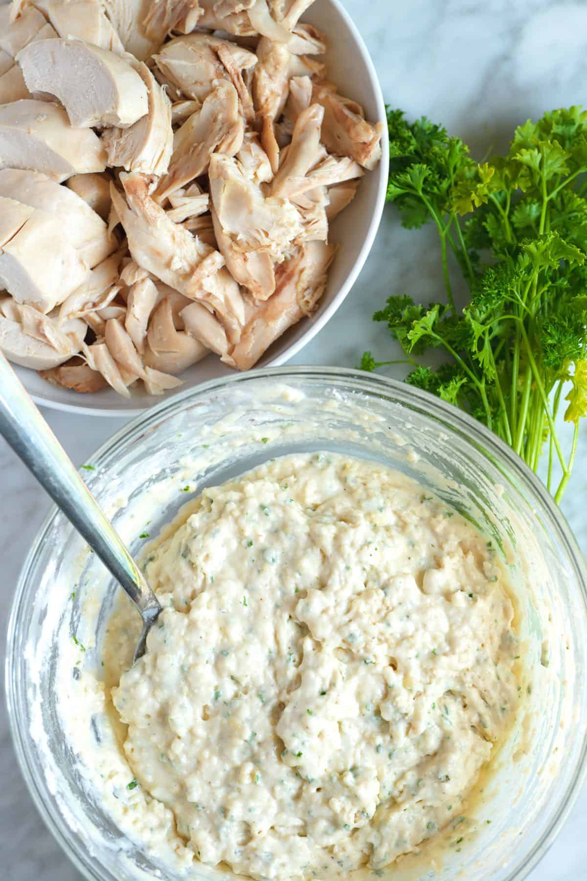 Shredded chicken and dumpling batter for chicken and dumplings