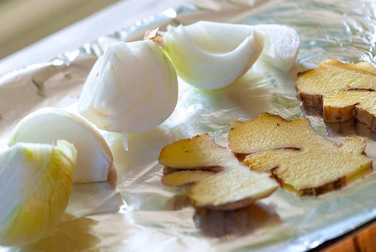 charring onion and ginger for homemade authentic pho