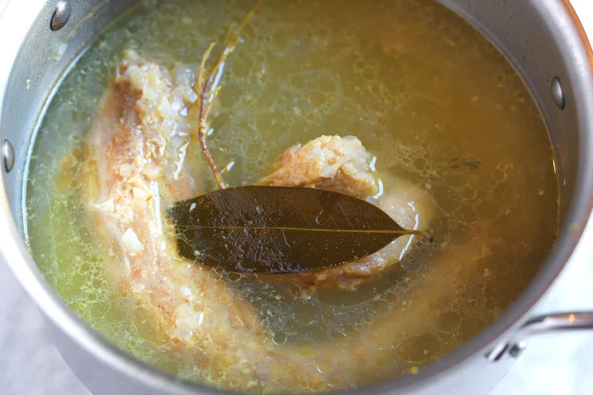 How to Make Turkey Gravy: Base broth made with turkey neck and giblets for our gravy