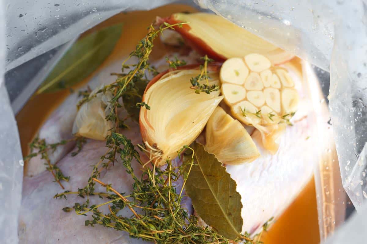 Adding turkey brine to a brine bag