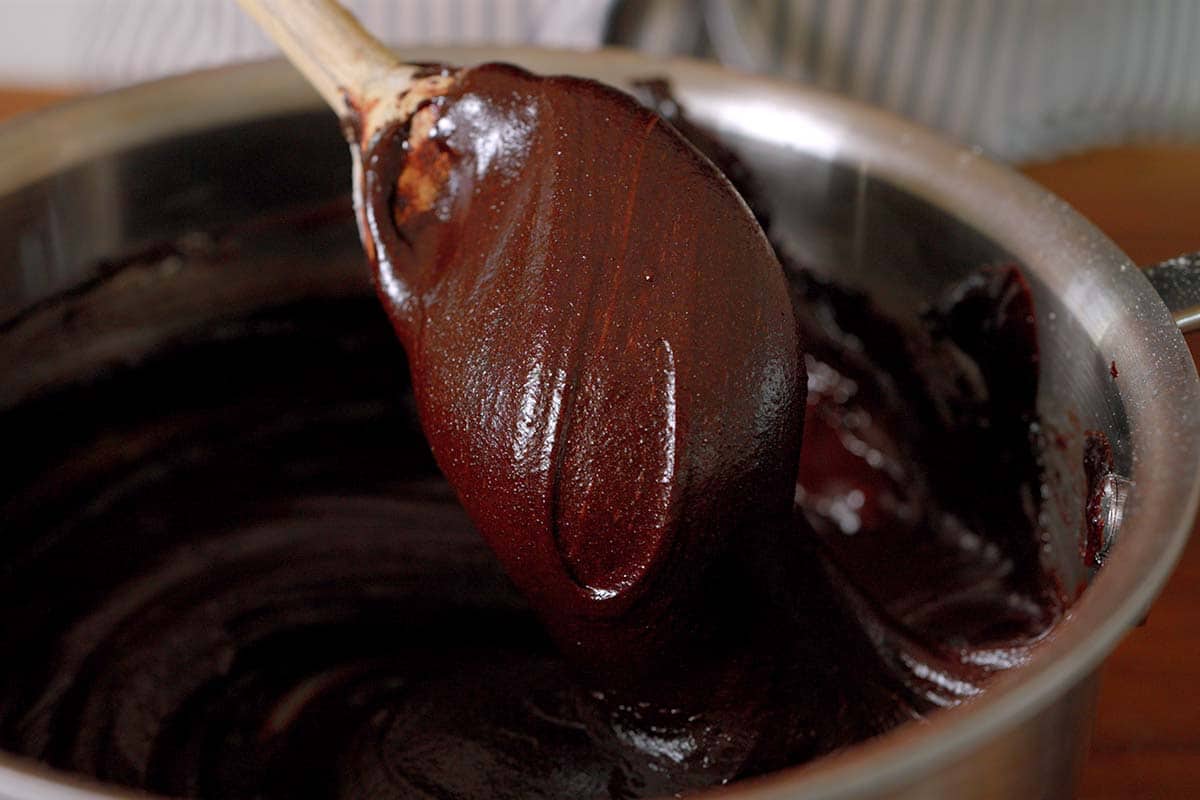 Thick brownie batter ready to bake.