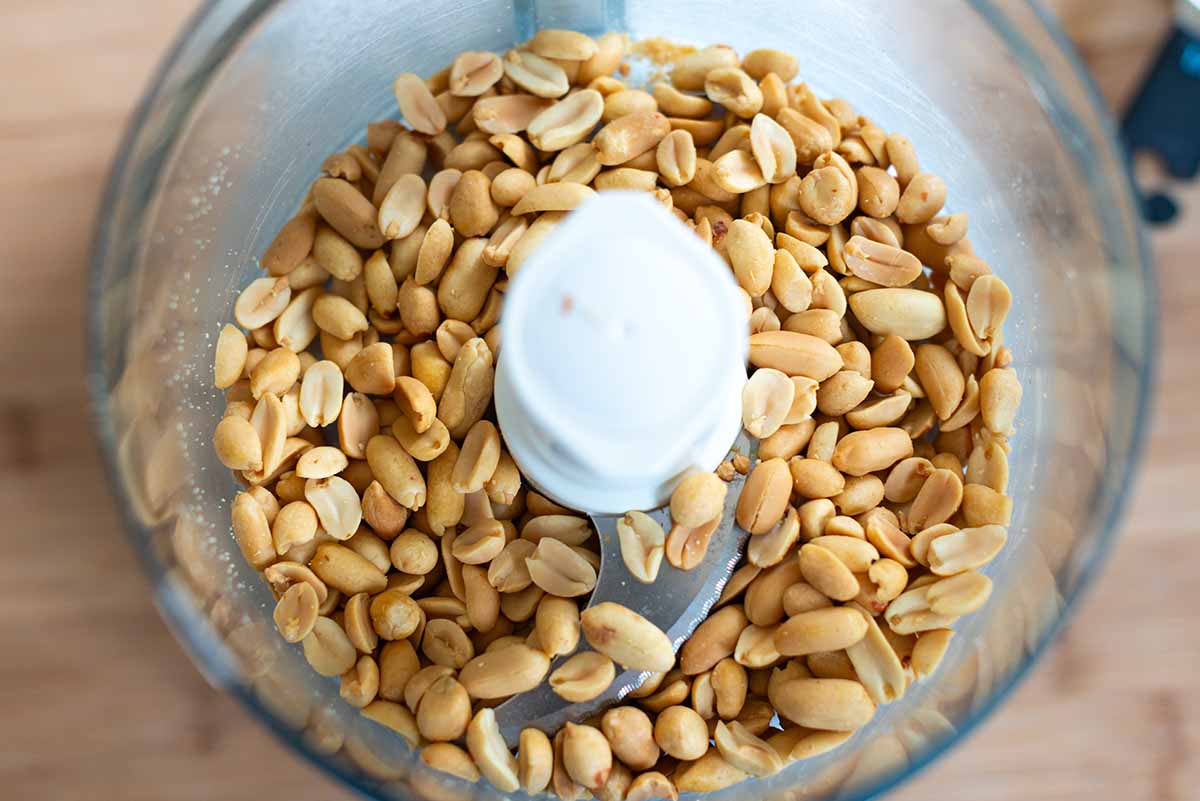 Roasted peanuts in a food processor