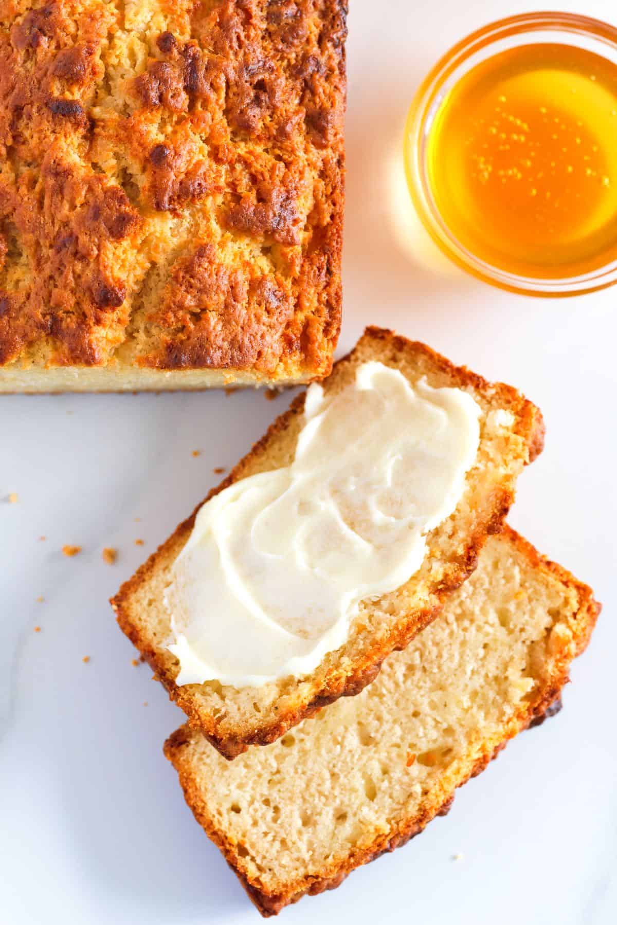 Slices of cheese beer bread with an amazing buttery crust!