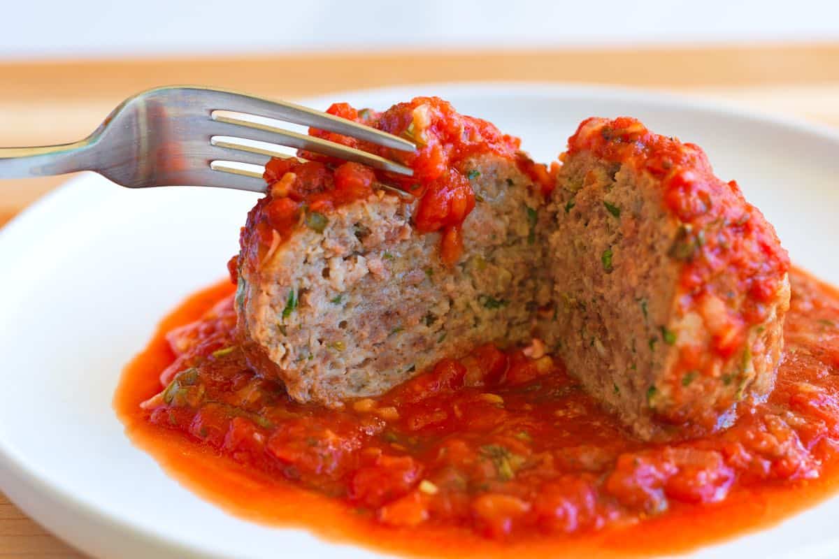 The middle of our meatballs, shows how juicy and tender they are.