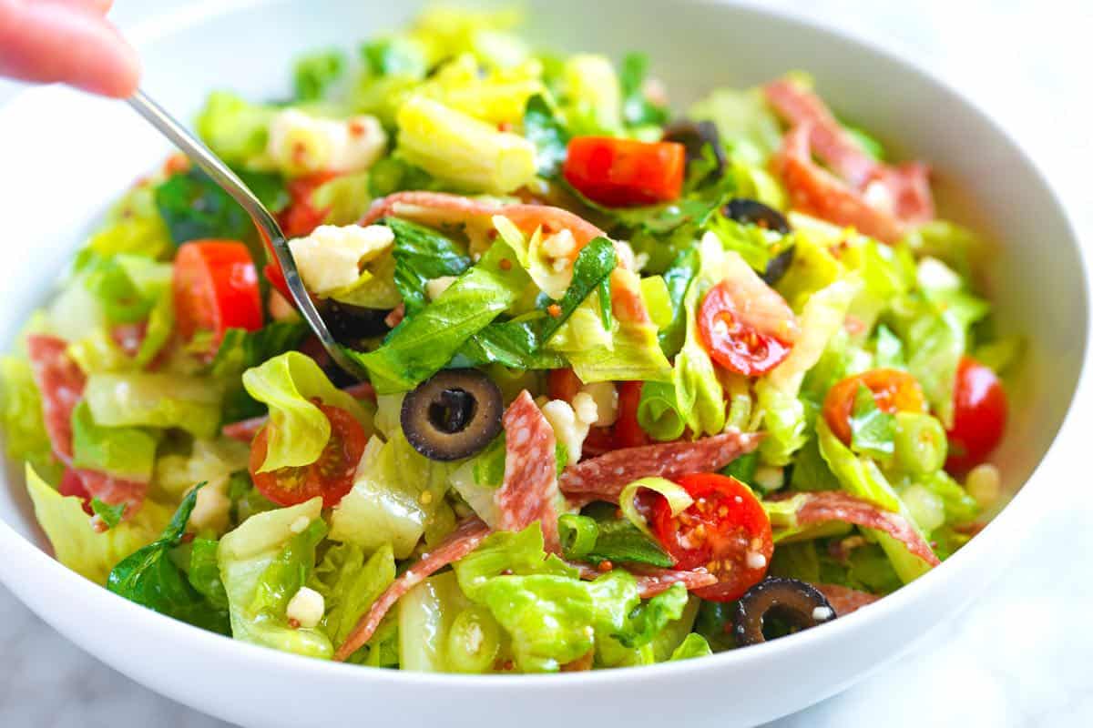 Easy Chopped Salad with salami, olives, and tomatoes.