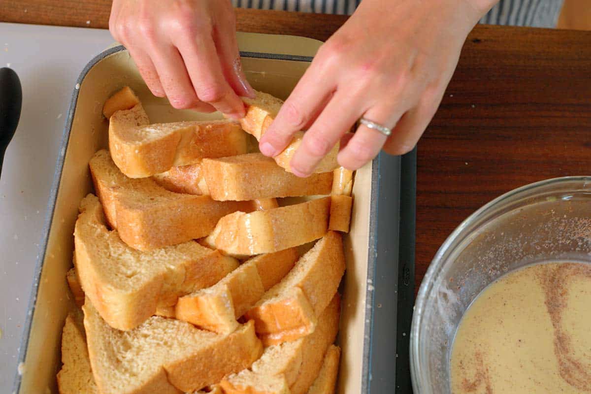 How to make French toast -- arranging the bread in the baking dish