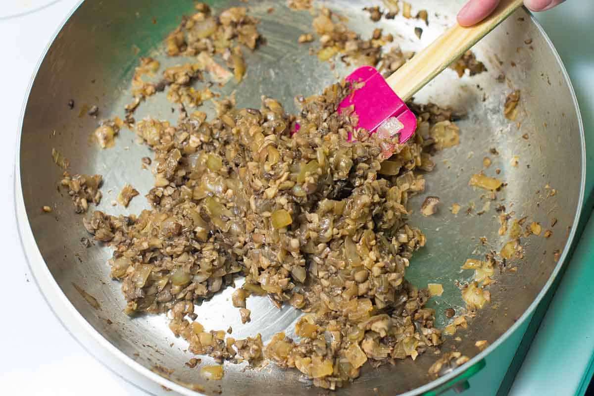 Cooking the onions, mushrooms and garlic for our easy turkey meatloaf mixture
