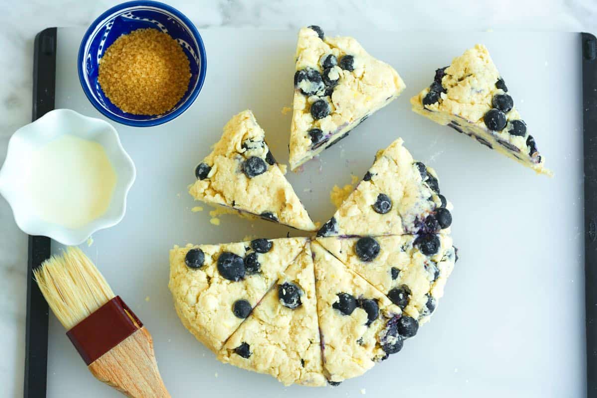 How to Make Blueberry Scones - Cutting into 8 triangles before baking